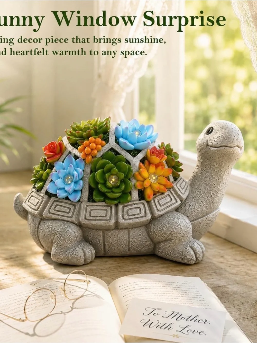 Solar Turtle Planter with Colorful LED Succulents - Garden Accent